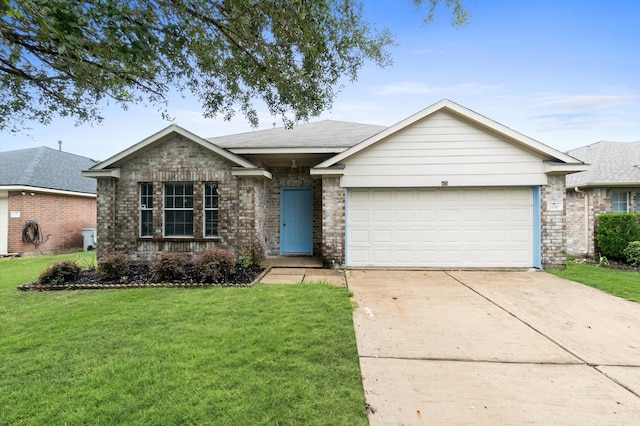 ranch-style house with a garage and a front lawn