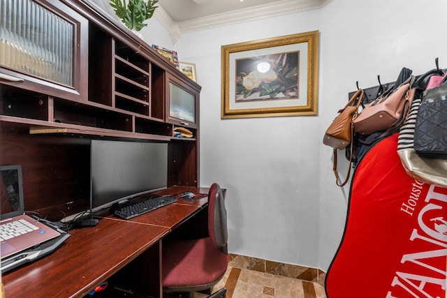 office space with stone tile flooring and crown molding