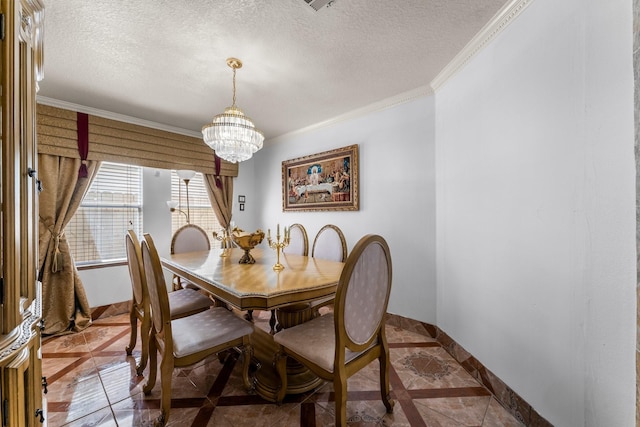 tiled dining room featuring baseboards, a textured ceiling, a notable chandelier, and crown molding