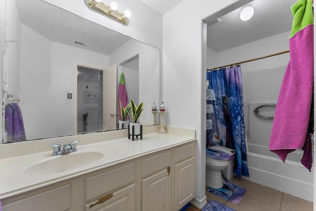 bathroom with tile patterned floors, shower / bathtub combination with curtain, visible vents, toilet, and vanity