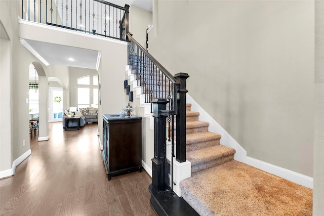 stairway featuring a high ceiling and hardwood / wood-style flooring