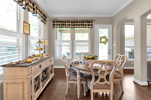 dining space with dark hardwood / wood-style flooring, plenty of natural light, and ornamental molding