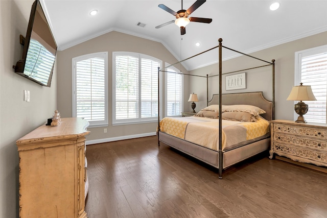 bedroom with vaulted ceiling, ceiling fan, dark hardwood / wood-style floors, and ornamental molding