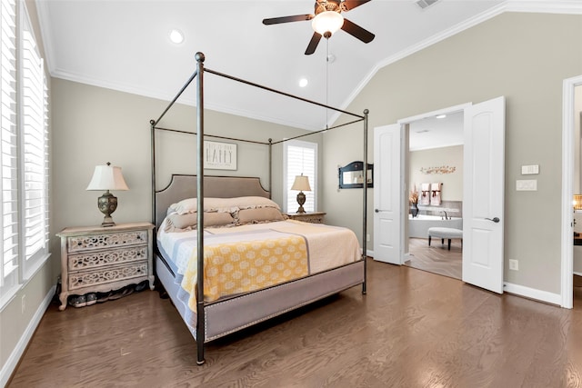 bedroom with multiple windows, ceiling fan, dark hardwood / wood-style flooring, and vaulted ceiling