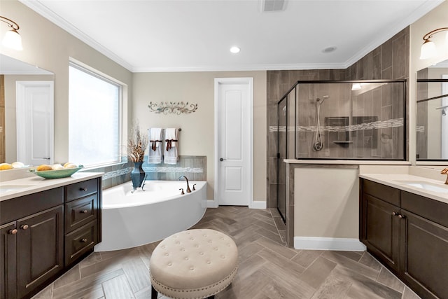 bathroom with vanity, plus walk in shower, and ornamental molding