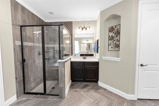 bathroom with vanity, walk in shower, and crown molding