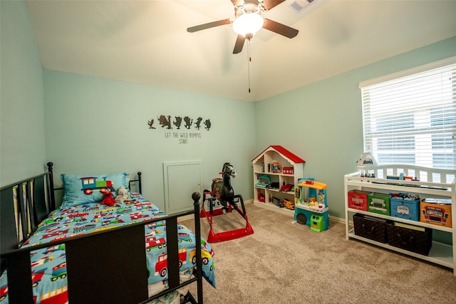 bedroom featuring carpet flooring and ceiling fan