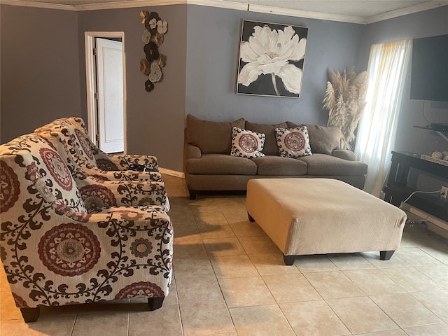 tiled living room featuring crown molding