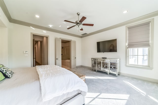 bedroom featuring ensuite bath, ceiling fan, and crown molding