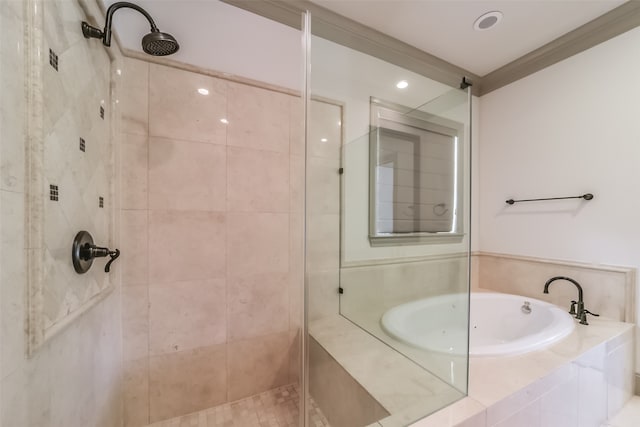 bathroom with plus walk in shower and crown molding