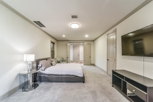 bedroom featuring light carpet and crown molding