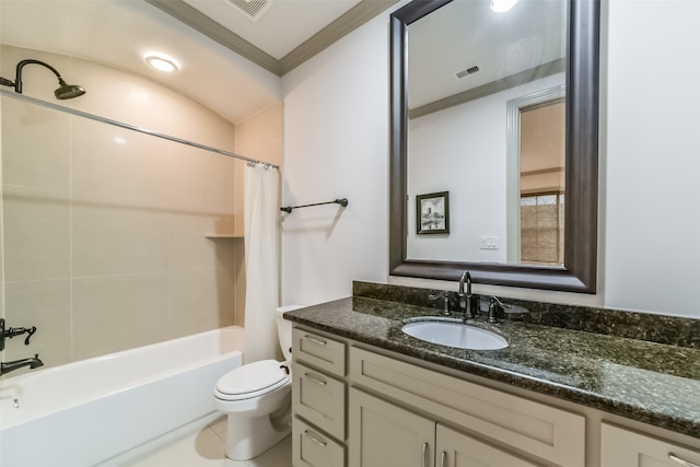 full bathroom with shower / bath combination with curtain, vanity, toilet, and crown molding