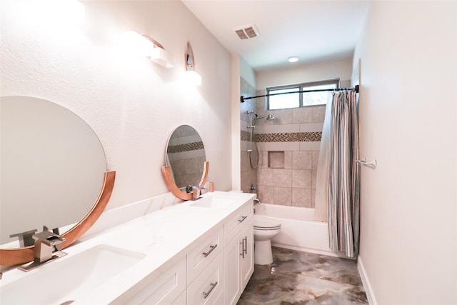 full bathroom featuring vanity, toilet, and shower / tub combo with curtain