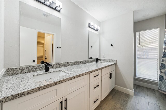 bathroom with vanity, hardwood / wood-style floors, and a textured ceiling