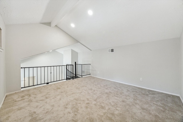 16007 Soma Dr, Houston, TX 77083 - additional living space with recessed lighting, lofted ceiling with beams, carpet, baseboards, and visible vents