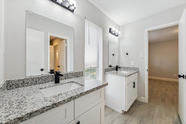 bathroom with hardwood / wood-style floors and vanity