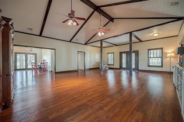 unfurnished living room with ceiling fan, hardwood / wood-style flooring, french doors, and a healthy amount of sunlight