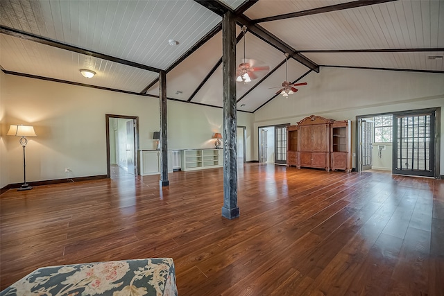 unfurnished living room with wooden ceiling, dark hardwood / wood-style floors, and ceiling fan