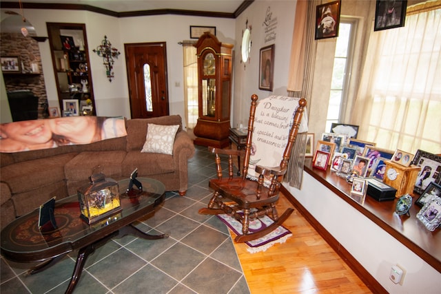 living room featuring a fireplace, dark wood-type flooring, and crown molding