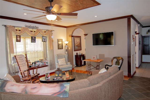 living room featuring tile patterned floors, recessed lighting, ceiling fan, and ornamental molding