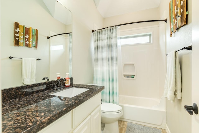 308 Creekside Ln, Lake Jackson, TX 77566 - full bath with toilet, vanity, shower / bath combination with curtain, and tile patterned floors