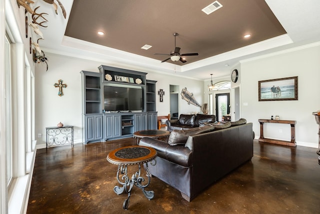 308 Creekside Ln, Lake Jackson, TX 77566 - living area featuring a tray ceiling, finished concrete flooring, ornamental molding, ceiling fan, and recessed lighting
