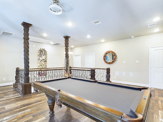 rec room featuring pool table, ceiling fan, and dark hardwood / wood-style flooring