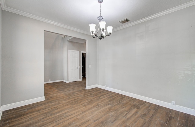 unfurnished room featuring a notable chandelier, dark hardwood / wood-style floors, and crown molding