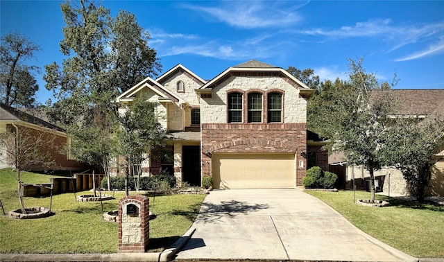 view of front of house featuring a garage and a front lawn