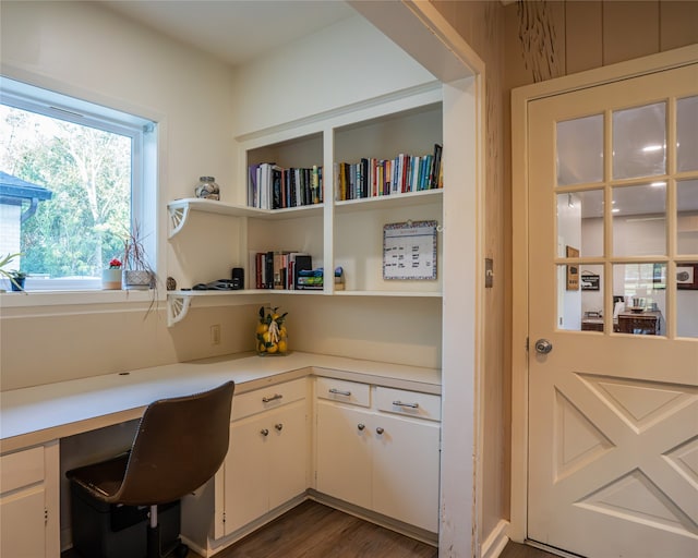 office featuring dark hardwood / wood-style flooring and built in desk