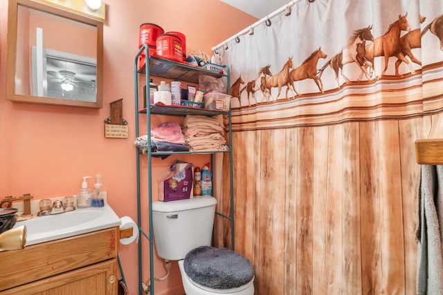 bathroom with vanity, toilet, and a shower with shower curtain