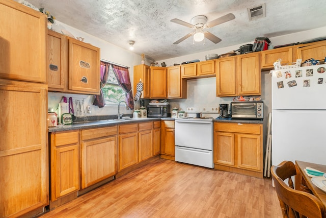 kitchen featuring ceiling fan, a textured ceiling, light hardwood / wood-style flooring, and white appliances