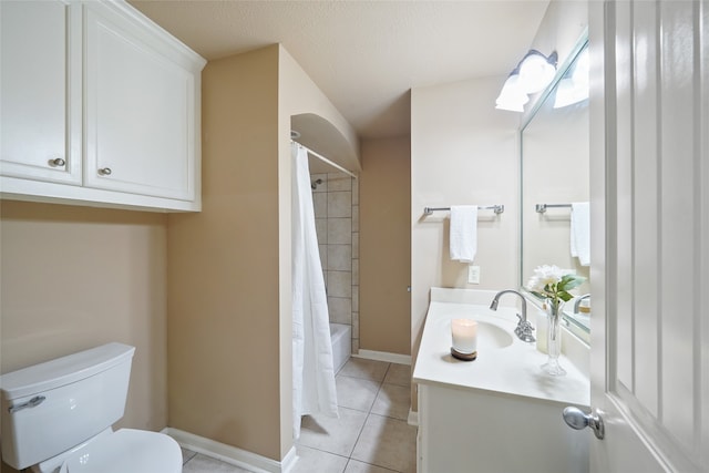 full bathroom featuring vanity, toilet, shower / bath combo, a textured ceiling, and tile patterned flooring