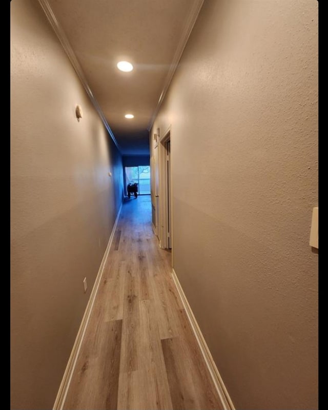 corridor with crown molding and light hardwood / wood-style floors