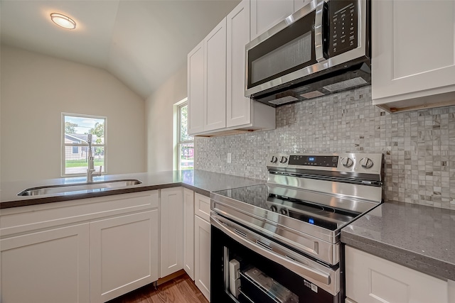 kitchen with vaulted ceiling, appliances with stainless steel finishes, sink, and tasteful backsplash