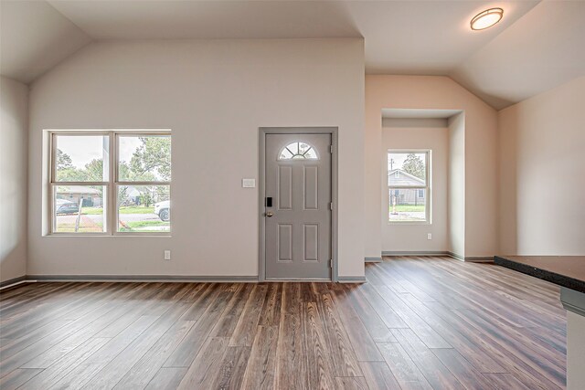 foyer entrance with vaulted ceiling and dark hardwood / wood-style flooring