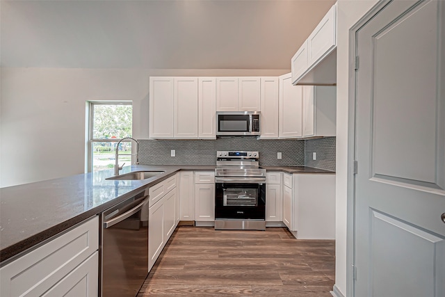 kitchen featuring white cabinets, appliances with stainless steel finishes, dark wood-type flooring, and sink