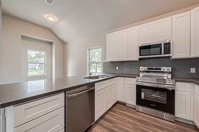 kitchen with stainless steel appliances, white cabinets, a healthy amount of sunlight, and sink