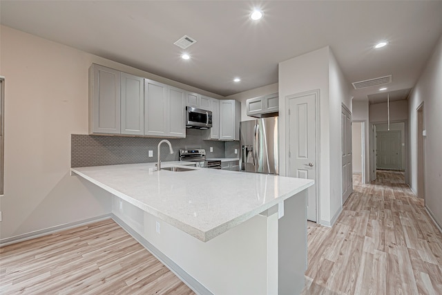 kitchen featuring light wood-type flooring, sink, kitchen peninsula, decorative backsplash, and appliances with stainless steel finishes