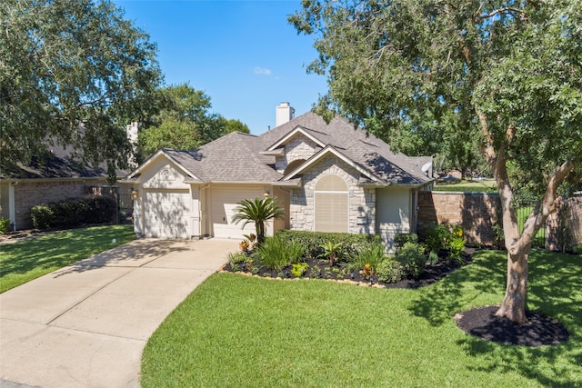 single story home with concrete driveway, stone siding, a chimney, an attached garage, and a front yard