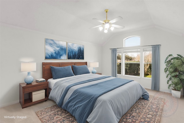 bedroom with vaulted ceiling, baseboards, a ceiling fan, and light colored carpet