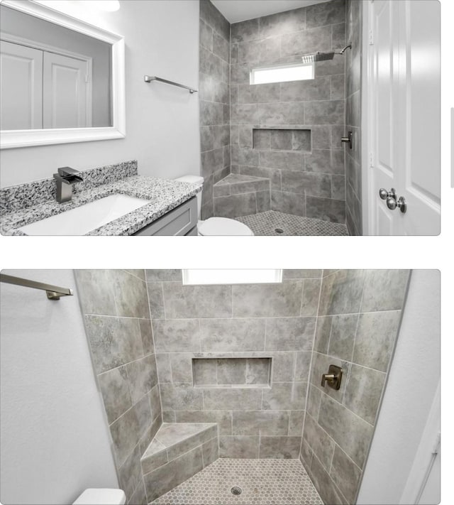 bathroom with toilet, tiled shower, and vanity