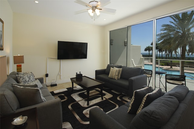 living room featuring ceiling fan