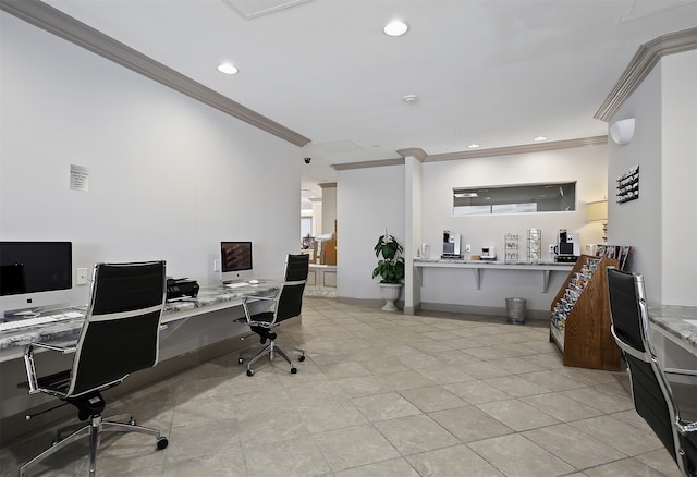 office with light tile patterned floors and ornamental molding