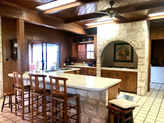 kitchen featuring ceiling fan, wood ceiling, wood walls, and kitchen peninsula