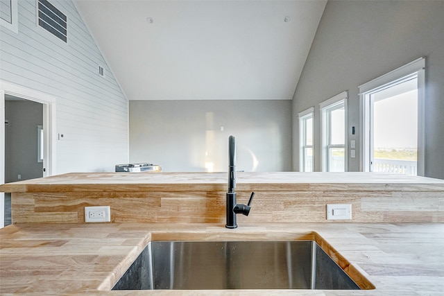 kitchen with wood-type flooring, sink, and high vaulted ceiling