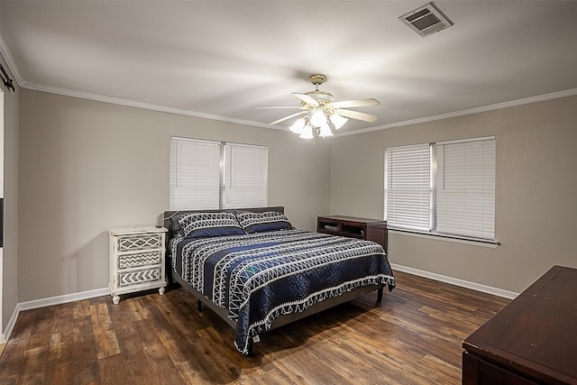 bedroom featuring ceiling fan, dark hardwood / wood-style floors, and ornamental molding