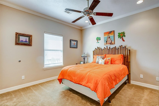 carpeted bedroom featuring a ceiling fan, baseboards, visible vents, ornamental molding, and recessed lighting