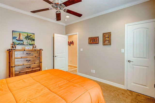 bedroom with crown molding, a ceiling fan, baseboards, light colored carpet, and recessed lighting