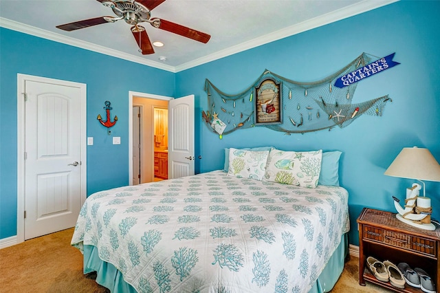 carpeted bedroom with a ceiling fan, ornamental molding, and baseboards